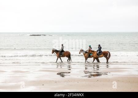 Red Strand, Cork, Irland. März 2021, 15th. Lisa Brinkmann, Niamh Morrison und Doris May reiten an einem ruhigen Morgen in Red Strand, Co. Cork, Irland. -Credit David Creedon / Alamy Live Nachrichten Stockfoto