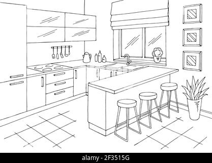 Küche Zimmer Interieur schwarz weiß Grafik Skizze Illustration Vektor Stock Vektor