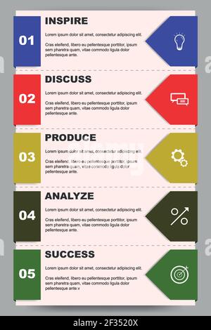 Infografik zur Unternehmensgründung – Broschürenvorlage mit 5 Schritten. Geschäftsdiagramme und Informationsmockups Stock Vektor