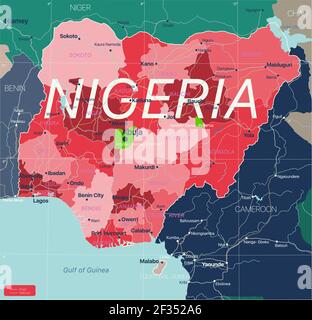 Nigeria Land detaillierte editierbare Karte mit Regionen Städte und Städte, Straßen und Eisenbahnen, geografische Standorte. Vector EPS-10-Datei Stock Vektor