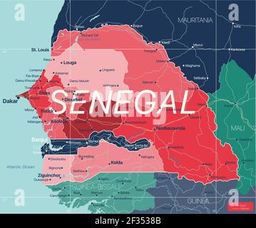 Senegal Land detaillierte editierbare Karte mit Regionen Städte und Städte, Straßen und Eisenbahnen, geografische Standorte. Vector EPS-10-Datei Stock Vektor