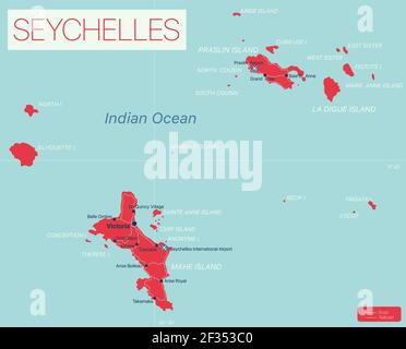 Seychellen Inseln Detaillierte bearbeitbare Karte mit Regionen Städte und Städte, Straßen und Eisenbahnen, geografische Standorte. Vector EPS-10-Datei Stock Vektor