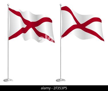 Flagge des amerikanischen Staates Alabama auf Fahnenmast winkend im Wind. Design-Element Urlaub. Kontrollpunkt für Kartensymbole. Isolierter Vektor auf weißem Hintergrund Stock Vektor