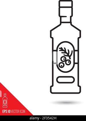 Flasche Gin mit Wacholderbeeren und Zweig auf Etikett Vektor des Liniensymbols Stock Vektor