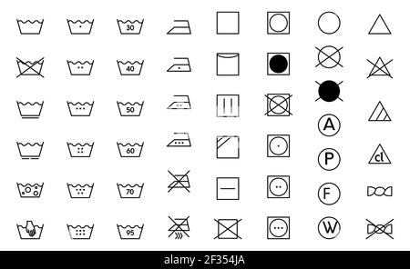 Symbole für die Kleiderpflege. Waschmaschinen-Symbole, schwarz monochrome Vektorgrafik isoliert auf weiß. Stock Vektor