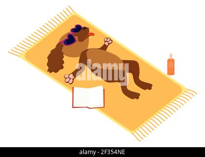 Hund nimmt Sonnenbaden in Sonnenbrillen auf dem Strandurlaub. Liegen und Entspannen. Cartoon Tier Illustration, Sommer Rest Konzept. Stock Vektor