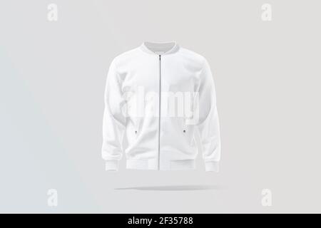 Blank weiße Bomberjacke Mock up, grauer Hintergrund, 3D Rendering. Leeres Herren wasserdichtes Sweatshirt oder Pullover Mockup, Vorderansicht. Klare Sportbekleidung Stockfoto