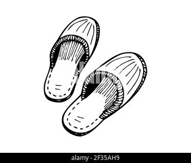 Schlafen Hausschuhe Paar handgezeichnete Skizze. Heimschuhe Paar schwarz und weiß Doodle. Vektor-isolierte eps-Abbildung Stock Vektor