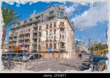 Digital verstärktes Bild eines neuen modernen Wohnbauprojekts im amerikanischen Colony Neighborhood, in Jaffa, Tel Aviv, Israel Stockfoto