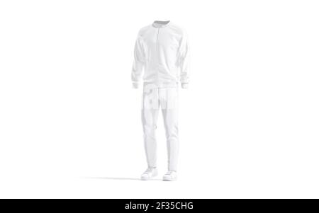 Blanker weißer Sport-Trainingsanzug mit Bomber, Hose und Sneakers Mockup, 3D Rendering. Leere Straße outwear mit winddichtem Verschleiß Mock up, isoliert, Seite vie Stockfoto