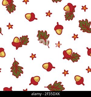 Nahtloses Vektormuster mit umrandeten Eicheln und Sternen auf weißem Hintergrund. Einfache Winter Tapete Design Blätter und Zweige. Stock Vektor