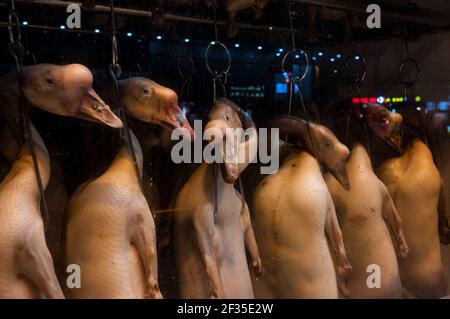 Hongkong, China. Februar 2021, 17th. In einem Restaurant hängen Gänse aus einem Kühlschrank in Hongkong. (Foto von Miguel Candela/SOPA Images/Sipa USA) Quelle: SIPA USA/Alamy Live News Stockfoto