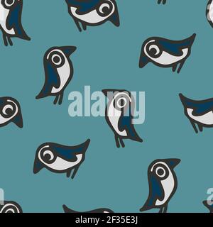 Nahtloses Vektor-Muster mit Bluebird auf blauem Hintergrund. Künstlerische Cartoon Wallpaper Design mit Spatzen. Dekorative Vogel Mode Textil. Stock Vektor