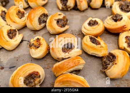 Frisch gebackene goldene Patties mit Pilzen auf Backpapier. Stockfoto