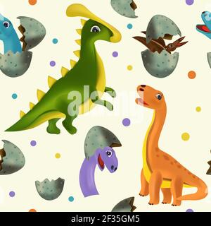 Vektor nahtlos mit Dinosaurier und Eier für Ihr Design Textil, Tapeten, Stoff, Plakate. Lustige Dinosaurier und Pterodactyl schlüpfen aus einem Ei. Vektorgrafik. Stock Vektor