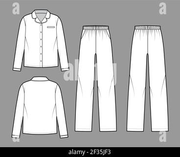 Set von Sleepwear Pyjamas Hemd, Hose technische Mode Illustration mit voller Länge, übergroß, Taschen, Knopfverschluss, lange Ärmel. Flatfront hinten, weiß in Form. Frauen Männer Unisex CAD mockup Stock Vektor