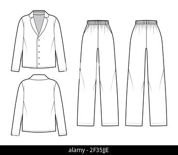 Set von Sleepwear Pyjamas Hemd, Hose technische Mode Illustration mit voller Länge, übergroß, Taschen, Knopfverschluss, lange Ärmel. Flatfront hinten, weiß in Form. Frauen Männer Unisex CAD mockup Stock Vektor