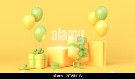 Gelbe und grüne Komposition mit Geschenkschachteln, Ballons und Einkaufstasche. 3D Rendering, Kopierbereich Stockfoto
