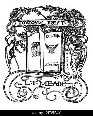 1891 Toujours Prest ‘Always ready’ Motto-Exlibris für Iren Autor L T Meade von dem britischen Tierkünstler Alan Wright Stockfoto