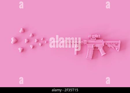 Liebe Layout mit Waffe gemacht Rosa Gewehr schießen ein rosa Herz auf einem rosa Hintergrund geformt. Valentinstag oder romantisches Konzept. 3D Rendern Stockfoto