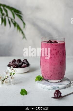 Frischer Smoothie mit Brombeeren, schwarzen Johannisbeeren und Hafermilch. Detox Diät-Food-Konzept. Grauer Hintergrund mit Palmblättern. Vertikales Bild. Selektiv Stockfoto