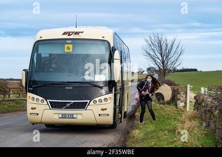 East Lothian, Schottland, Großbritannien, 15th. März 2021. Schulkinder kehren in die weiterführende Schule zurück: Die Kinder der North Berwick High School sind heute zum ersten Mal seit der kürzlichen Aussperrung während der Coronavirus-Pandemie in die Schule zurückgekehrt, aber heute nur für 3 Stunden für die ganze Woche, als sie aus dem Schulbus in Kilduff aussteigen Stockfoto