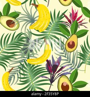 Nahtloses Muster mit tropischen Palmenblättern, Avocado, Banane und Blumen. Botany Vektor Hintergrund, Dschungel Tapete. Stock Vektor