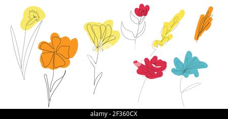 Set von verschiedenen Arten von Blumen. Eine Linie Kunst. Schöne Blumen kontinuierliche Linie Kunst mit farbigen Flecken. Abstrakte minimale Handzeichnung Skizze. isola Stock Vektor