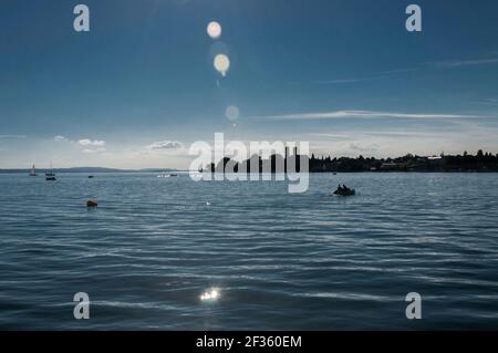 Bodensee im Spätsommer. Das Wasser glitzert in der Abendsonne. Blick über das Wasser zum Ufer Stockfoto