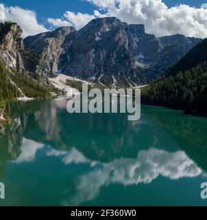 Aerial view of the Lake Braies, Pragser Wildsee is a lake in the Prags Dolomites in South Tyrol, Italy. View of Croda del Becco mountain. Stock Photo