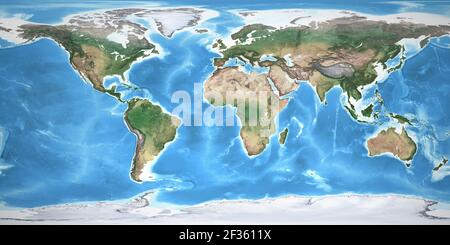 Physische Karte der Welt, mit hochauflösenden Details. Abgeflachte Satellitenansicht des Planeten Erde, seiner Geographie und Topographie. NASA-Elemente. Stockfoto