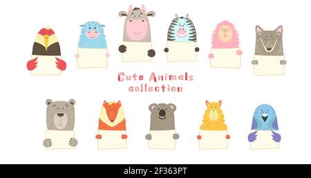 Niedliche Cartoon Tier hält leere Zeichen mit Kopierraum. Set Grußkarte Banner Einladung Flyer Broschüre. Cartoon Hand gezeichnet Stil. Kleine Haustiere mit m Stock Vektor