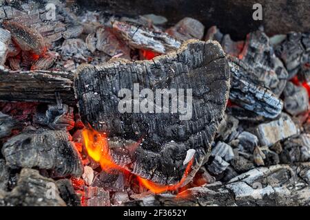 Heiße Kohlen und brennende Wälder in Form von menschlichem Herzen. Glühende und flammende Holzkohle, leuchtendes rotes Feuer und Asche. .Nahaufnahme. Stockfoto