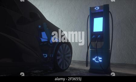Elektroauto in der Garage. Ladestation für Elektroautos. 3D Rendern Stockfoto