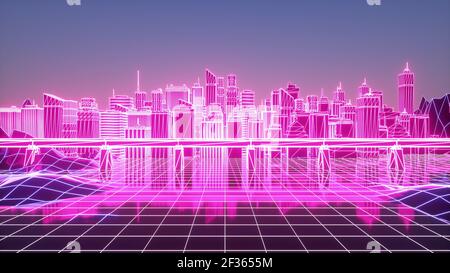 Digitale Stadt. Futuristische Neon Wolkenkratzer Hintergrund. 3D Rendern Stockfoto