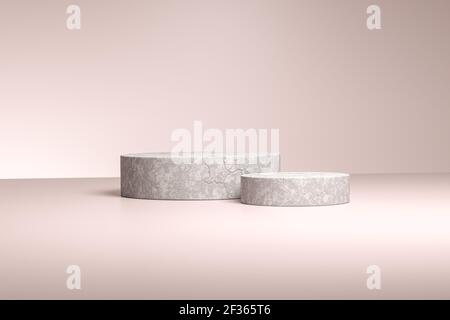 Ständer oder Sockel aus Beton in Zylinderform für Produkte. 3D Rendern. Beigefarbener neutraler Hintergrund. Stockfoto