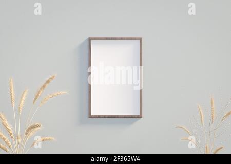 Bilderrahmen-Modell an der Wand in der Nähe von Weizenohren Inneneinrichtung. 3D Rendering-Vorlage in minimalem Stil. Stockfoto