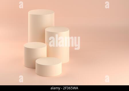 Beige Pastell Zylinderständer oder Sockel für Produkte. 3D Rendering in minimalem Stil. Stockfoto