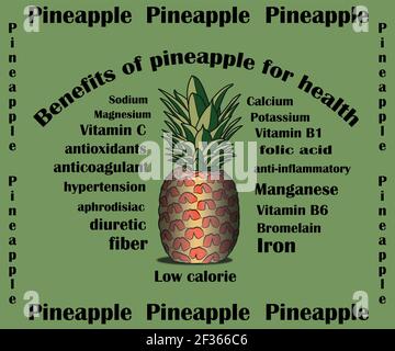 Vorteile der Ananas für die Gesundheit. Beneficios de la piña para la salud. Vektordesign Stock Vektor