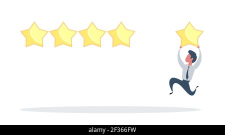 User Experience, Kunden-Feedback-Sterne-Rating oder Business und Investment-Rating-Konzept, Geschäftsmann mit goldenen gelben Stern zu 5 Sternen hinzugefügt Stock Vektor
