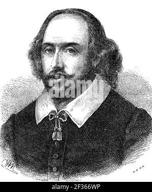 William Shakespeare, 26. April 1564jul. - 3. Mai 1616greg., war ein englischer Dramatiker, Texter und Schauspieler / William Shakespeare, 26. April 1564jul. - 3. Mai 1616greg., war ein englischer Dramatiker, Lyriker und Schauspieler, Historisch, historisch, digital verbesserte Reproduktion eines Originals aus dem 19th. Jahrhundert / digitale Reproduktion einer Originalvorlage aus dem 19. Jahrhundert, Stockfoto