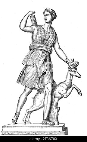 Diana ist die Göttin der Jagd, des Mondes und der Geburt in der römischen Mythologie, Beschützerin von Frauen und Mädchen, nach einer Statue in Versailles, Frankreich, Illustration von 1880 / Diana ist in der römischen Mythologie die Göttin der Jagd, des Mondes und der Geburt, Beschützerin der Frauen und Mädchen, Nach einer Statue in Versailles, Frankreich, Illustration aus 1880, Historisch, historisch, Digitale verbesserte Reproduktion eines Originals aus dem 19th. Jahrhundert / digitale Reproduktion einer Originalvorlage aus dem 19. Jahrhundert, Stockfoto