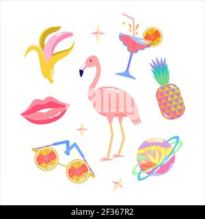 Set mit sommerlichen Designelementen. Flamingo, Ananas, Cocktail, Lippen, Zitrussonnenbrille, Banane, Sommerplanet mit Ringen. Positive trendige Sommersaison colle Stock Vektor