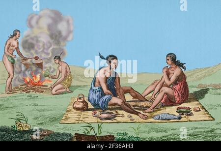 Vereinigte Staaten von Amerika. Französische Expedition des 16th. Jahrhunderts. Florida. Seminoles Indianer. Speisen und Zubereitung von Mahlzeiten. Jacques Le Moyne de Morgues (1533-1588) machte die Illustrationen während der Expedition. 19th Jahrhundert Stich nach dem Original von Jacques Le Moyne. Panorama Universal. Geschichte der Vereinigten Staaten von Amerika, von 1st Ausgabe von Jean B.G. Roux de Rochelle's Etats-Unis d'Amérique im Jahr 1837. Spanische Ausgabe, gedruckt in Barcelona, 1850. Spätere Färbung. Stockfoto
