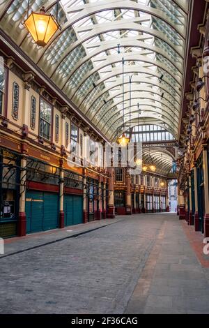 Ein dessered Leadenhall Markt während der 2021 covid-19 Lockdown in der Stadt London, Großbritannien. Stockfoto