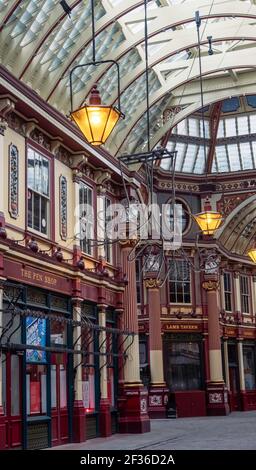 Ein dessered Leadenhall Markt während der 2021 covid-19 Lockdown in der Stadt London, Großbritannien. Stockfoto