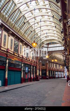 Ein dessered Leadenhall Markt während der 2021 covid-19 Lockdown in der Stadt London, Großbritannien. Stockfoto