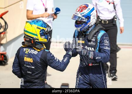 LATIFI Nicholas, Staudämme, Porträt, Porträt mit SETTE CAMARA Sergio, feiert ihr Podium während der FIA Formel 2 Meisterschaft 2019, Bahrain in Sakhir vom 29. Bis 31. März - Foto DPPI Stockfoto