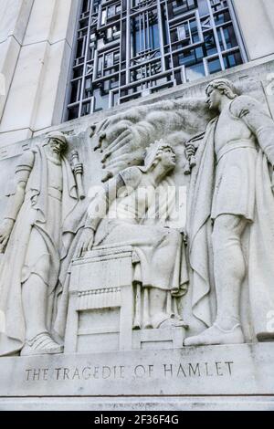 Washington DC, Folger Shakespeare Library, Außenszene aus der Tragödie der Hamlet-Reliefskulptur, Stockfoto