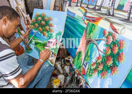 Santo Domingo Dominikanische Republik,Ciudad Colonia Zona Colonial,Mercado Modela Markt Hispanic Mann Künstler Maler Gemäldegalerie,Leinwand Acrylfarbe Stockfoto